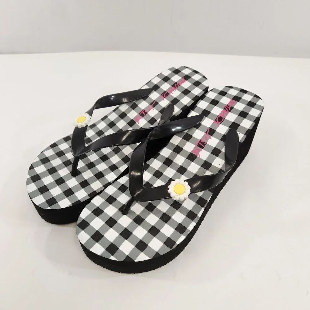 Betsey Johnson Platform Flip Flops Black Gingham Size 11